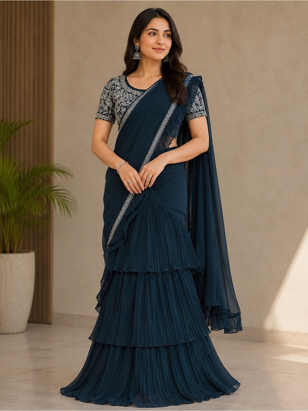 Elegant Navy Tiered Georgette Saree with Embroidered Blouse